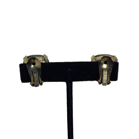 Zentall Large Gold Tone And Light Green Glass Clip On Earrings Signed (5233) - Picture 5 of 6